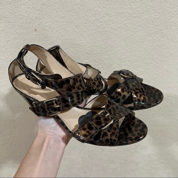J. Crew Collection Patent leather leopard cheetah crossed buckle straps heels - Picture 2 of 10